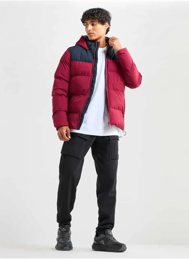 FAV Colourblock Puffer Jacket with Hood and Long Sleeves