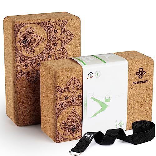 Overmont Cork Yoga Blocks 2 pack with 8ft Strap Natural Cork Bricks High Density Eco Friendly Yoga Accessories for Women Ideal for Yoga Pilates General Fitness and Stretching 9x6x3