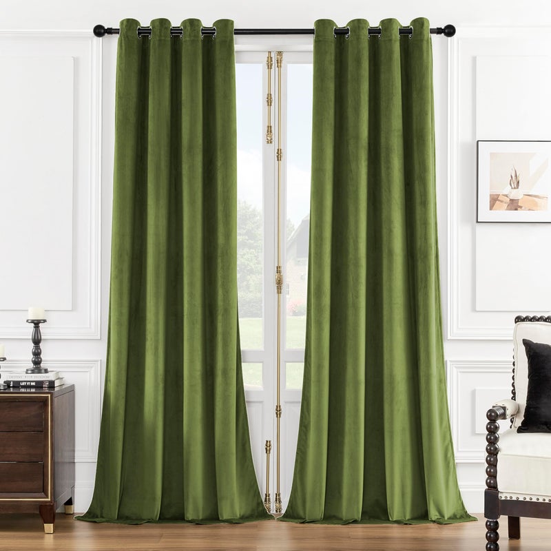 SMILETIME Green 108 in Long Velvet Curtains with Grommet Thermal Insulated Super Soft Privacy Noise Reducing Light Filtering Velvet Curtains for Living Room 2 Panels Each 52 x 108 inches Long