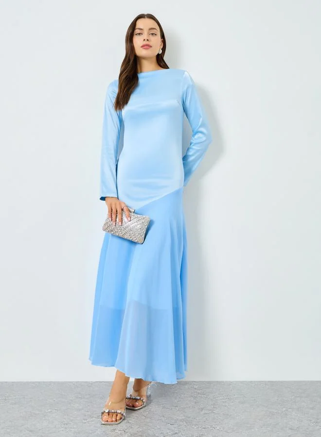 Take Two Blue Satin Boat Neck Long Sleeve Maxi Dress