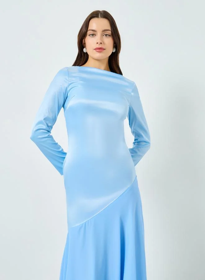 Take Two Blue Satin Boat Neck Long Sleeve Maxi Dress