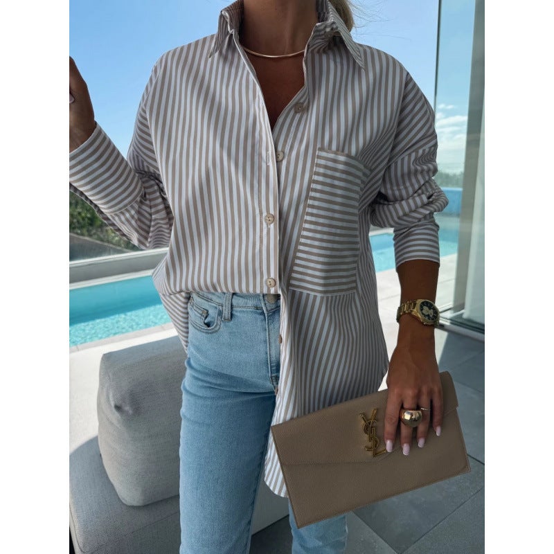 Women's Striped Long Sleeve Loose Blouse - Image 3