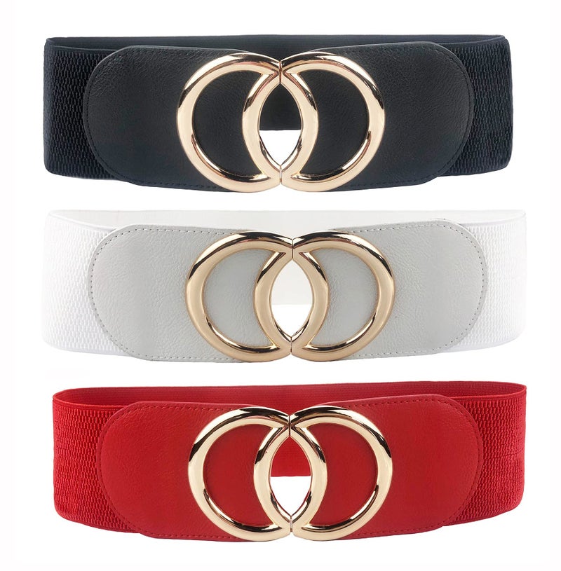 Swtddy Women's Elastic Wide Stretchy Waist Cinch Belt Waistband For Dresses (Suit For Waist Size 27"-35", Golden O Design Black+White+Red) - Image 1