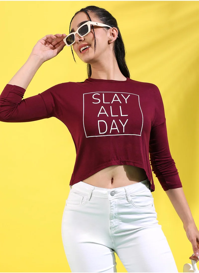 Campus Sutra Women's Maroon Printed Regular Fit Top