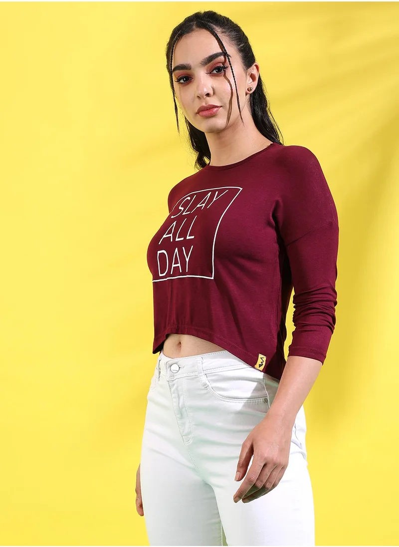 Campus Sutra Women's Maroon Printed Regular Fit Top