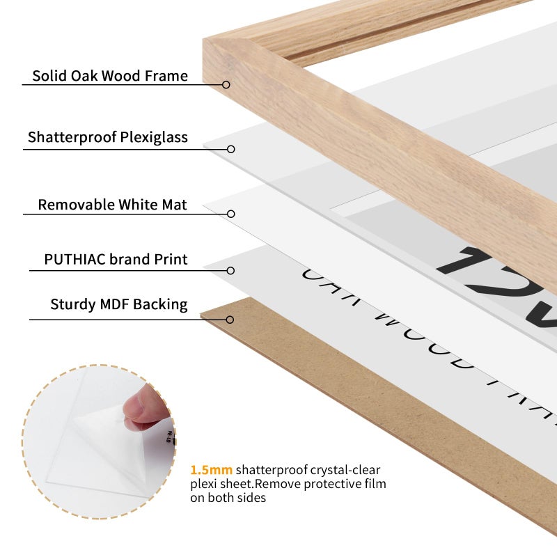puthiac 12x12 Oak Wood Picture Frame - Minimalist 12x12 Poster Frame  12""x12"" Picture Frame Wood  Natural Solid Wooden Picture Frames for Wall Art Photo and Prints(3 Pack  Beige) - Image 2