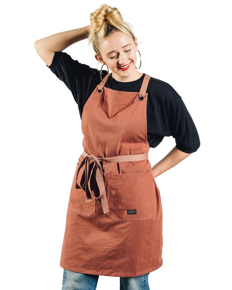 Caldo Crossback Kitchen Apron for Cooking  Mens and Womens Professional Chef or Server Bib Apron  Adjustable Crossback Style  Rustic Midweight Cotton Terracotta