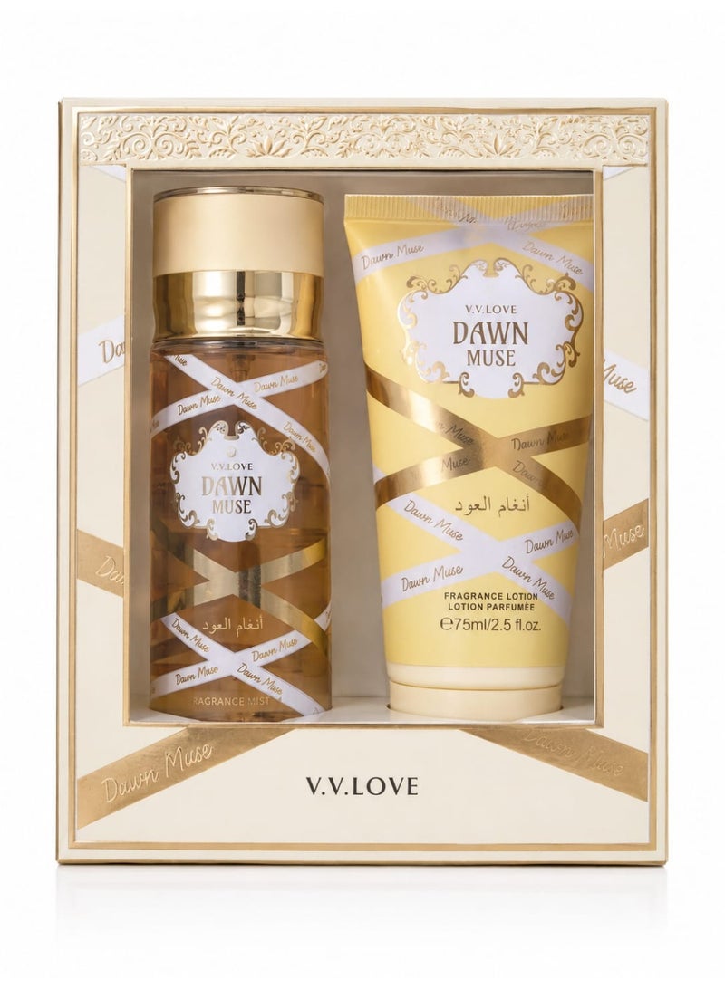طقم هدايا عطر "دون ميوز" (أنغام العود) من في في لوف للنساء - (رذاذ عطري 100ملي + لوشن معطر 75 مل) - طقم من قطعتين