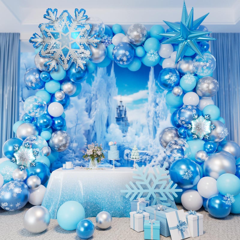 AobkDeco Frozen Balloon Arch Garland Kit142 Pcs Snowflake Balloon Arch with Silver Blue Snowflake Balloons for Winter Wonderland Theme Baby Shower Snow Princess Birthday Party Decorations - Image 3