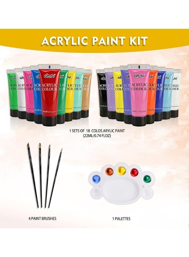 Colorful 23pcs Acrylic Paint Set, 18 Colors(include 4 metallic colors) 22ml Each with 4 Brushes and Palette Art Supplies Paint, Non-Toxic Highly Pigment Paints for DIY Crafts & Beginner Artists - Image 3