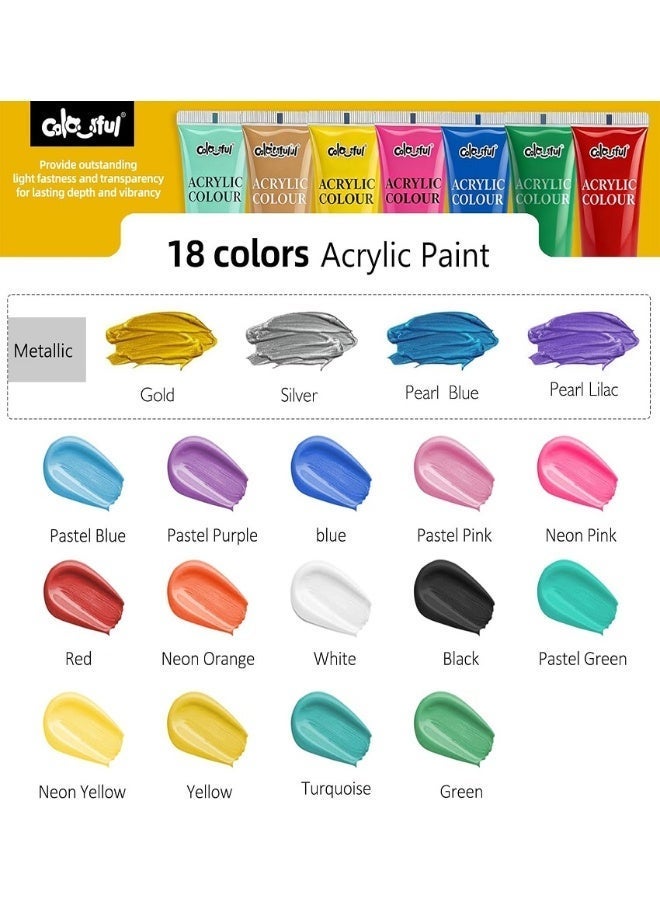 Colorful 23pcs Acrylic Paint Set, 18 Colors(include 4 metallic colors) 22ml Each with 4 Brushes and Palette Art Supplies Paint, Non-Toxic Highly Pigment Paints for DIY Crafts & Beginner Artists - Image 2