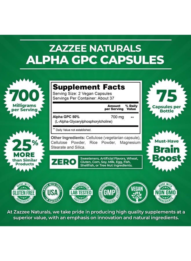 Zazzee Extra Strength Alpha GPC Choline, 700 mg per Serving, 75 Vegan Capsules, 100% Pure Pharmaceutical Grade, 100% Vegetarian, Standardized for Potency and Purity, All-Natural and Non-GMO - Image 2
