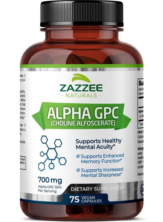 Zazzee Extra Strength Alpha GPC Choline, 700 mg per Serving, 75 Vegan Capsules, 100% Pure Pharmaceutical Grade, 100% Vegetarian, Standardized for Potency and Purity, All-Natural and Non-GMO - Image 1