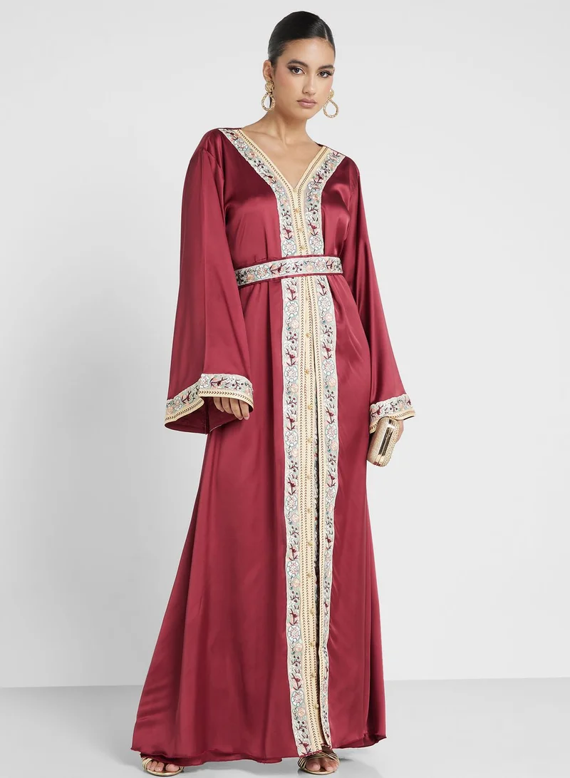 hayas closet Lace Detail Moroccan Belted Jalabiya