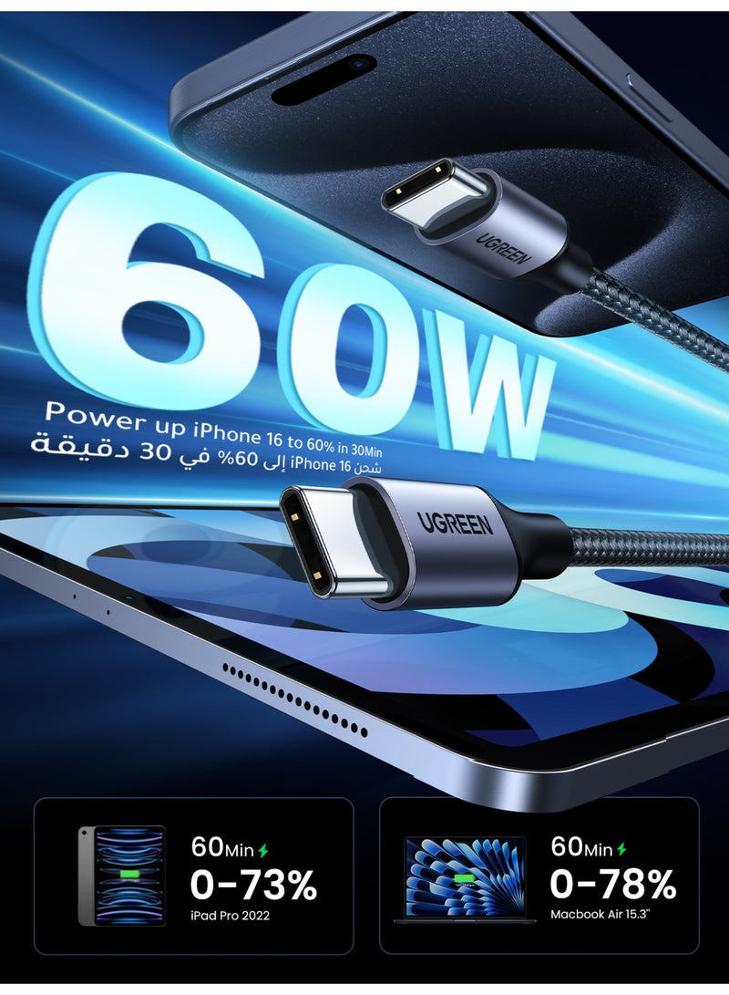 Ugreen 60W Type C Cable 2 Pack 1M Nylon Braided Type C to USB C Cable Compatible For iPhone 16 15 Pro Max iPad Pro Air mini 6 MacBook Pro Air Galaxy S25 S24 S23 Ultra Z Fold Xiaomi Huawei OPPO Vivo - Image 3