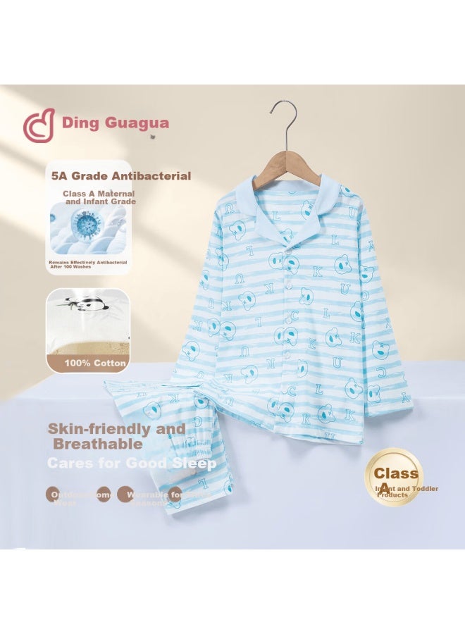 Dingguagua Boys' Pure Cotton Cardigan A-class Antibacterial Casual Homewear Long Sleeve Pajama Set For Spring And Autumn, Kids And Teens