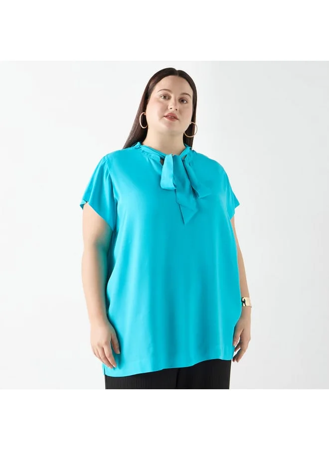 Ulla Popken Plus Size Ulla Popken Solid Top with Tie-Up Detail