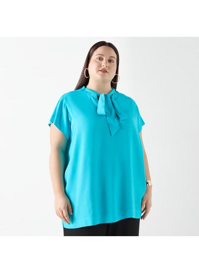 Ulla Popken Plus Size Ulla Popken Solid Top with Tie-Up Detail  - Image 1