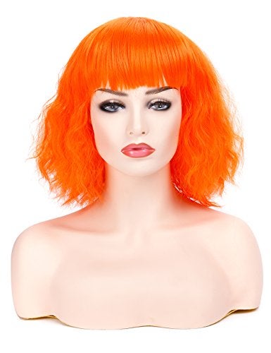 morvally Short Wavy Curly Bob Wig with Bangs Natural Heat Resistant Synthetic Hair Cosplay Costume Party Wigs (Orange) - Image 2