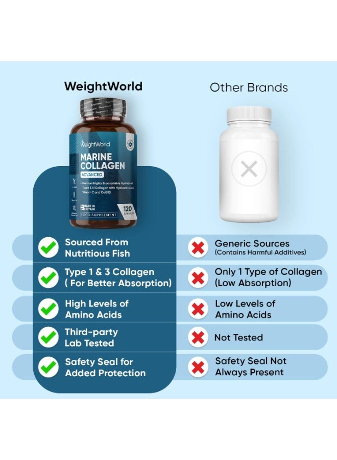 WeightWorld Marine Collagen Capsules 1455mg | 120 Capsules | Type 1 & 3 Collagen Supplements for Women & Men | Hydrolysed Fish Peptides Complex with Hyaluronic Acid, Vitamin C, Zinc & CoQ10 - Image 4