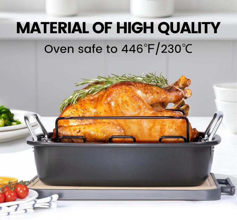 AOTASO Nonstick Roasting Pan with Rack, Turkey Roasting Pan for Oven, Large Roaster Pan with Handle for Chicken, 17 X 13 Inch, Carbon Steel, Dark Grey - Image 2