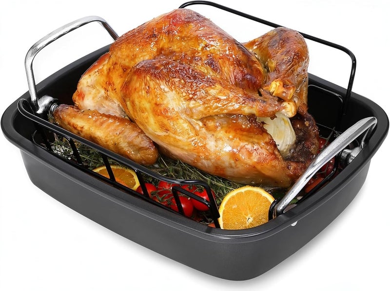AOTASO Nonstick Roasting Pan with Rack, Turkey Roasting Pan for Oven, Large Roaster Pan with Handle for Chicken, 17 X 13 Inch, Carbon Steel, Dark Grey - Image 1