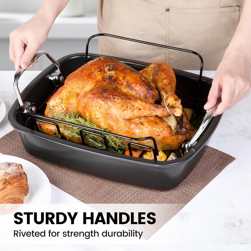AOTASO Nonstick Roasting Pan with Rack, Turkey Roasting Pan for Oven, Large Roaster Pan with Handle for Chicken, 17 X 13 Inch, Carbon Steel, Dark Grey - Image 5