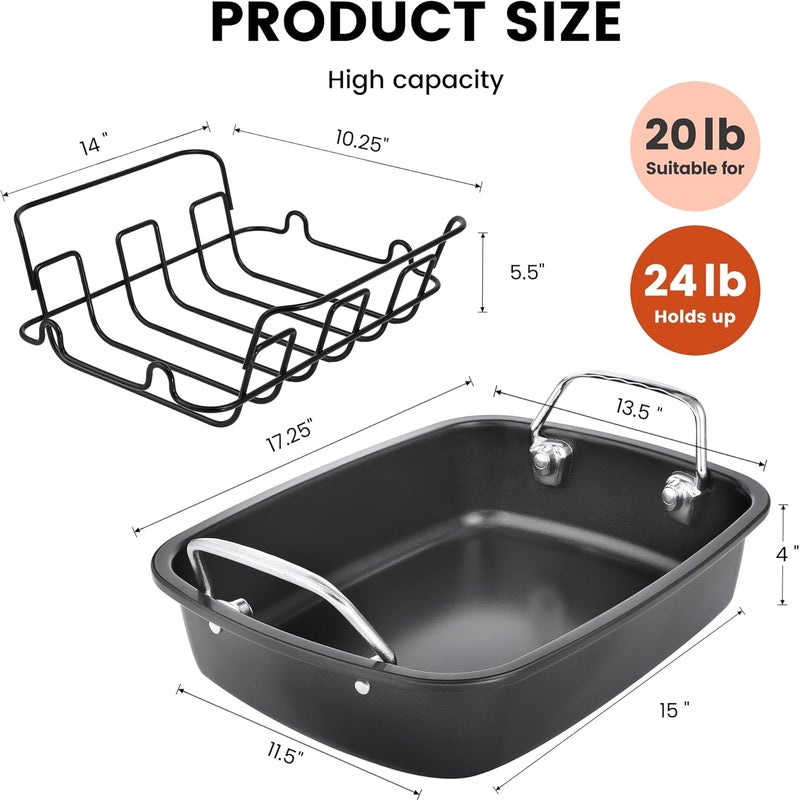 AOTASO Nonstick Roasting Pan with Rack, Turkey Roasting Pan for Oven, Large Roaster Pan with Handle for Chicken, 17 X 13 Inch, Carbon Steel, Dark Grey - Image 4