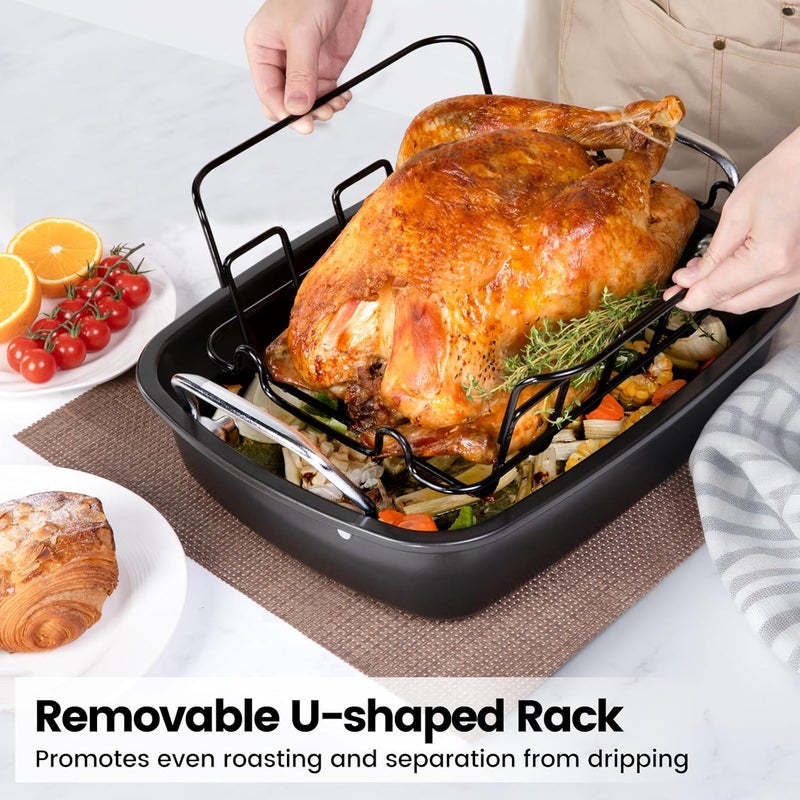 AOTASO Nonstick Roasting Pan with Rack, Turkey Roasting Pan for Oven, Large Roaster Pan with Handle for Chicken, 17 X 13 Inch, Carbon Steel, Dark Grey - Image 3