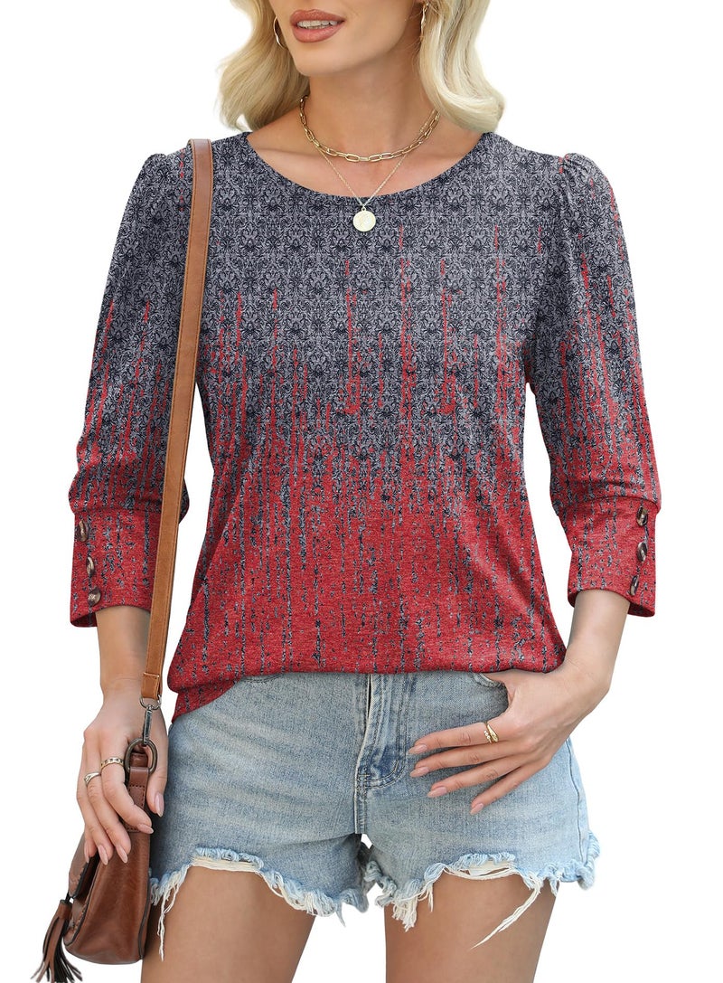 OFEEFAN Womens Summer Tops 3/4 Length Sleeve Tie Dye Shirt Plus Size Spring Clothes Dressy Casual Blouses Trendy Womens Fashion 2026 Red Charcoal XL - Image 3