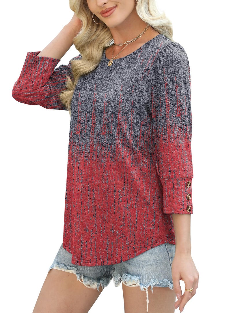OFEEFAN Womens Summer Tops 3/4 Length Sleeve Tie Dye Shirt Plus Size Spring Clothes Dressy Casual Blouses Trendy Womens Fashion 2026 Red Charcoal XL - Image 4