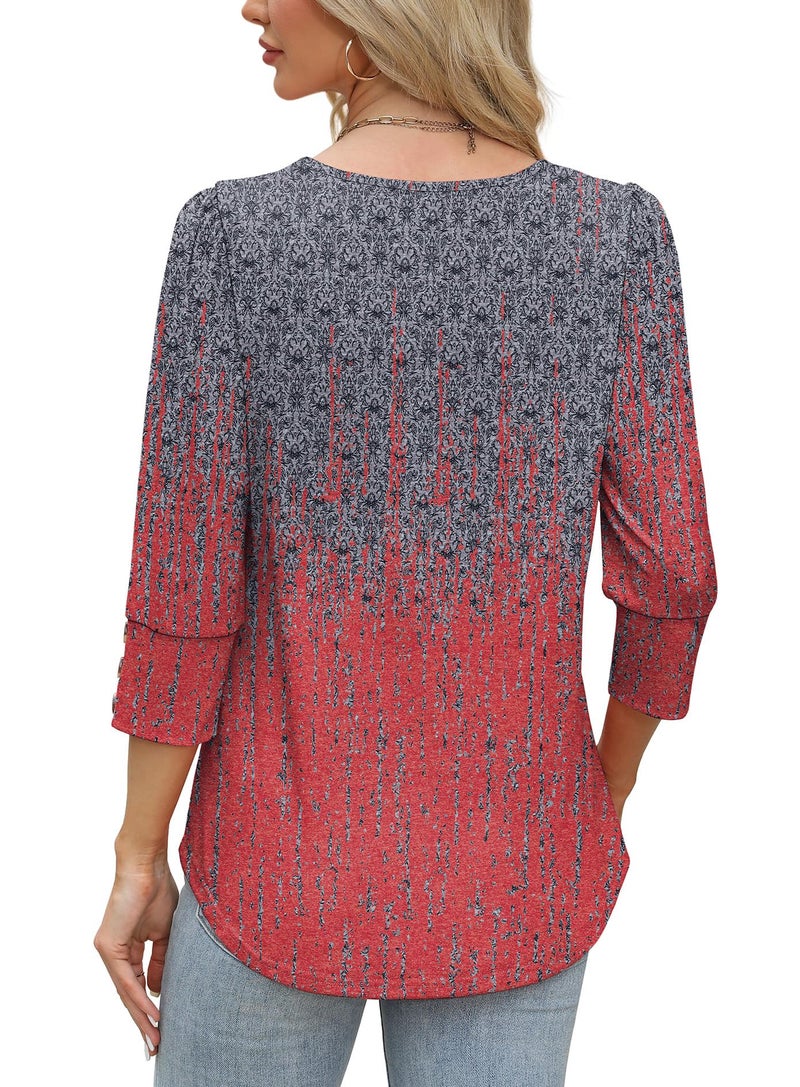 OFEEFAN Womens Summer Tops 3/4 Length Sleeve Tie Dye Shirt Plus Size Spring Clothes Dressy Casual Blouses Trendy Womens Fashion 2026 Red Charcoal XL - Image 5