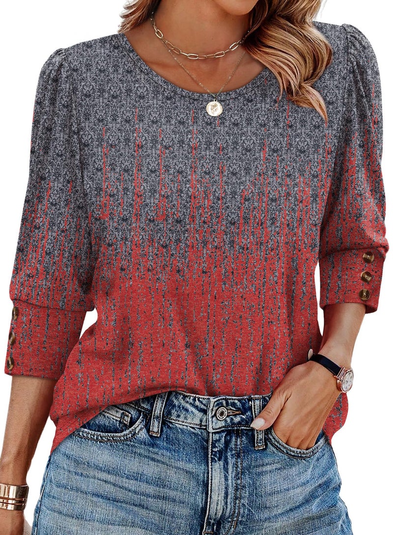 OFEEFAN Womens Summer Tops 3/4 Length Sleeve Tie Dye Shirt Plus Size Spring Clothes Dressy Casual Blouses Trendy Womens Fashion 2026 Red Charcoal XL - Image 1