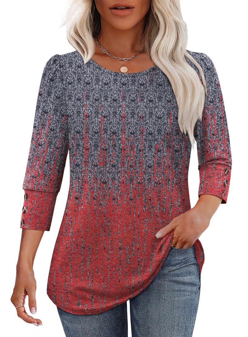 OFEEFAN Womens Summer Tops 3/4 Length Sleeve Tie Dye Shirt Plus Size Spring Clothes Dressy Casual Blouses Trendy Womens Fashion 2026 Red Charcoal XL - Image 2