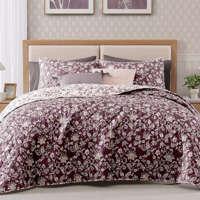 BLOOMHAVEN Quilt Set Queen Size, Italian Plum Floral Quilt Sets, Reversible Bedspread Lightweight and Breathable for All Seasons, Soft Quilted Bedspread with 2 Pillow Shams - Image 1