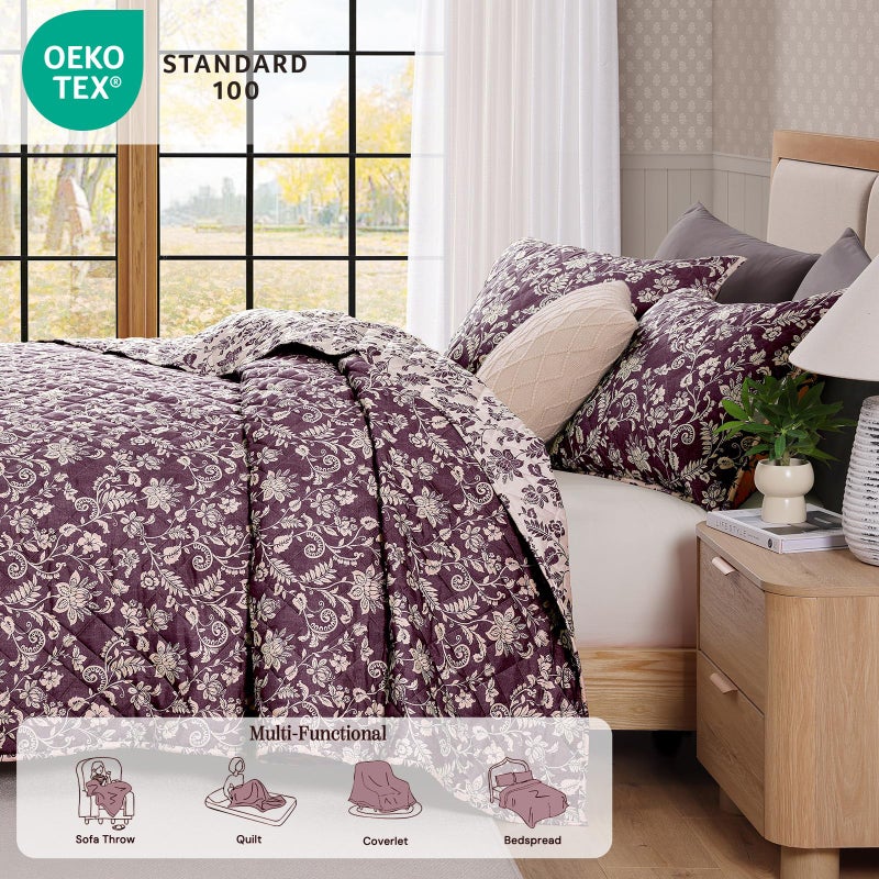 BLOOMHAVEN Quilt Set Queen Size, Italian Plum Floral Quilt Sets, Reversible Bedspread Lightweight and Breathable for All Seasons, Soft Quilted Bedspread with 2 Pillow Shams - Image 4