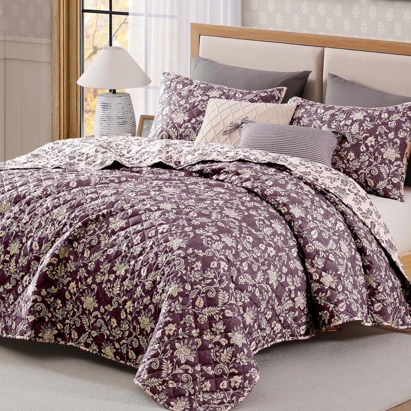 BLOOMHAVEN Quilt Set Queen Size, Italian Plum Floral Quilt Sets, Reversible Bedspread Lightweight and Breathable for All Seasons, Soft Quilted Bedspread with 2 Pillow Shams - Image 2