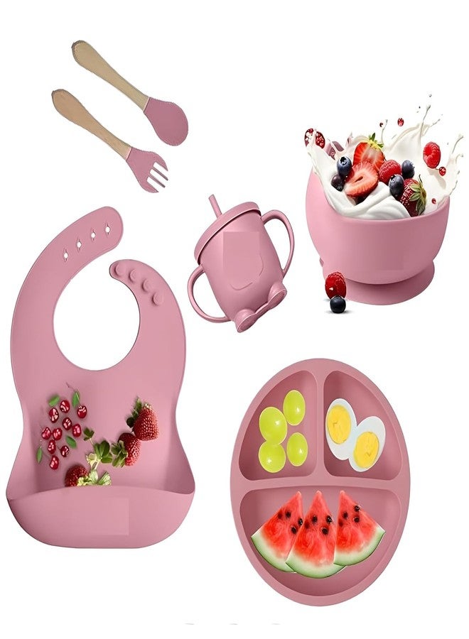 lizepto 6PCS Silicone Baby Feeding Set for Toddlers 6+ Months - Suction Plate, Bowl, Bib, Spoon, Fork & Cup - BPA-Free, Non-Toxic, Microwave & Dishwasher Safe (Pink) - Image 1