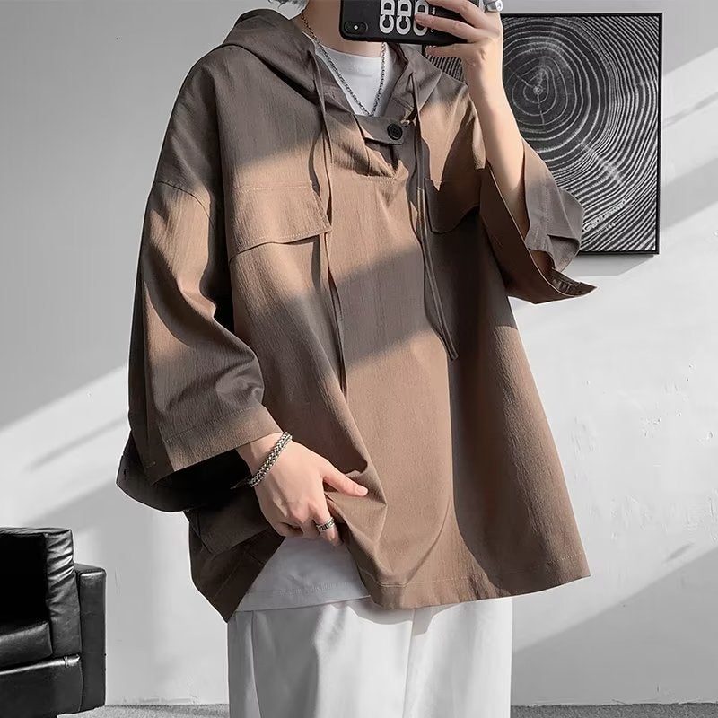 Brown Hooded Mens Polo T-Shirt Summer Oversized Trendy Brown  - Image 4