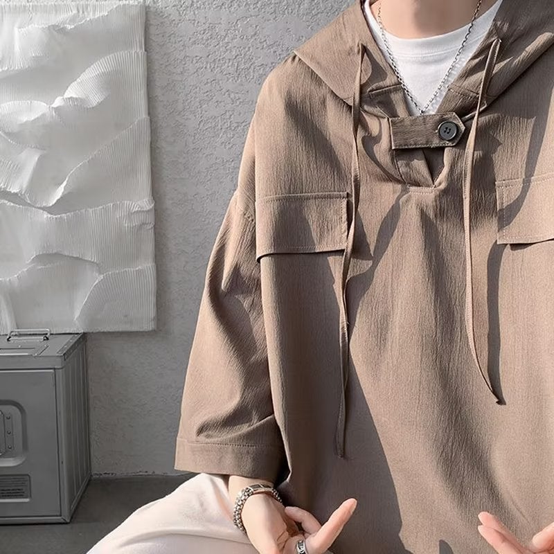 Brown Hooded Mens Polo T-Shirt Summer Oversized Trendy Brown  - Image 5