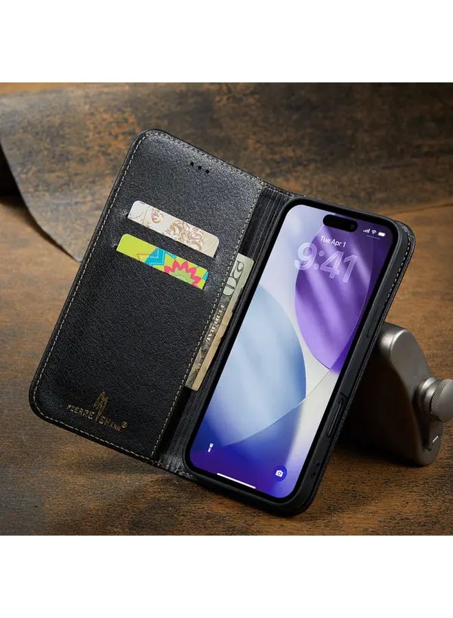 حافظة هاتف على شكل محفظة من الجلد الطبيعي لهاتف iPhone 13 Pro باللون الأحمر العميق - Image 4