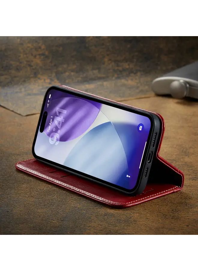 حافظة هاتف على شكل محفظة من الجلد الطبيعي لهاتف iPhone 13 Pro باللون الأحمر العميق - Image 5