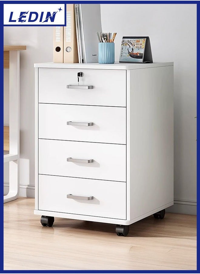 LEDIN Movable Filing Cabinet with 4 Drawer Lockable Office Cabinet with Wheels in White Industrial Wood 