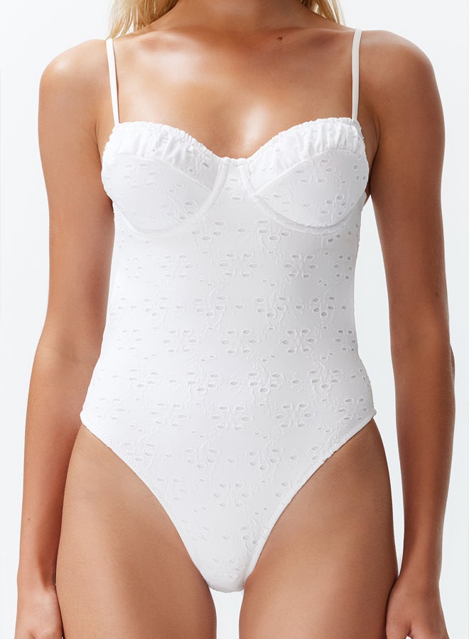 trendyol White V-Neck Tie-Up Premium Fabric Regular Swimsuit  - Image 5