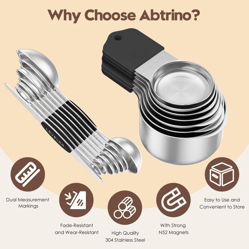 Abtrino Magnetic Measuring Cups and Spoons Set - 304 Stainless Steel | Dual-sided Design | Set of 15 with Leveler | Strong N52 Magnetic Nesting Design | for Dry & Liquid Ingredients (Black) - Image 3