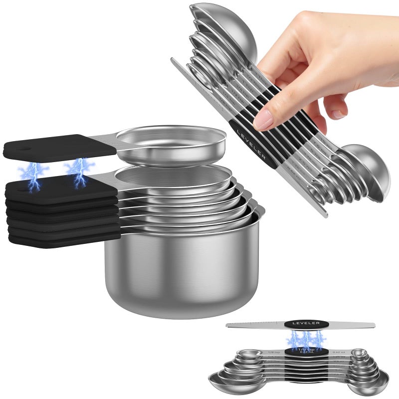 Abtrino Magnetic Measuring Cups and Spoons Set - 304 Stainless Steel | Dual-sided Design | Set of 15 with Leveler | Strong N52 Magnetic Nesting Design | for Dry & Liquid Ingredients (Black) - Image 1