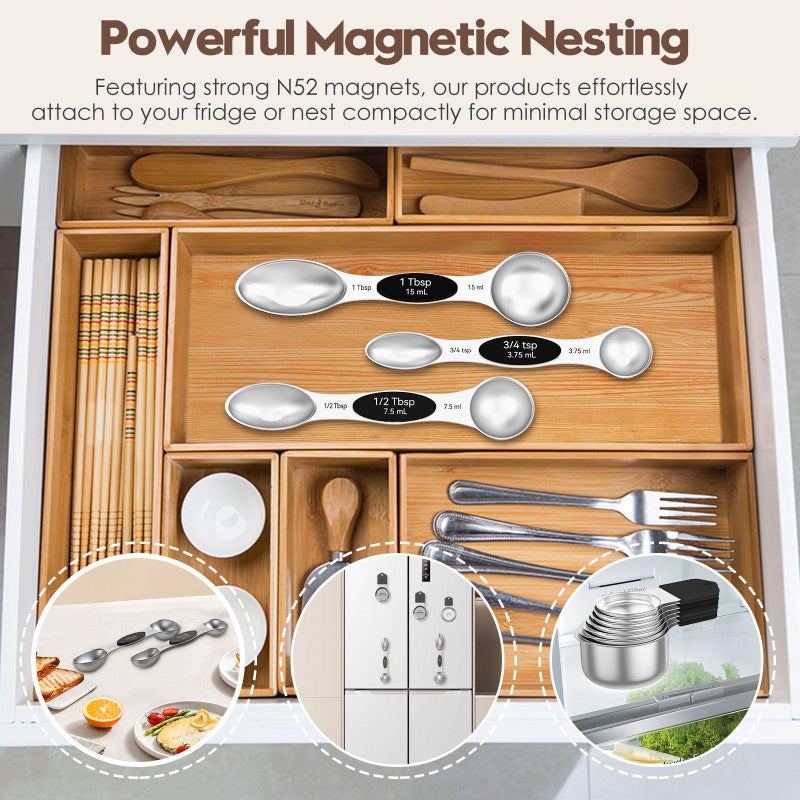 Abtrino Magnetic Measuring Cups and Spoons Set - 304 Stainless Steel | Dual-sided Design | Set of 15 with Leveler | Strong N52 Magnetic Nesting Design | for Dry & Liquid Ingredients (Black) - Image 5