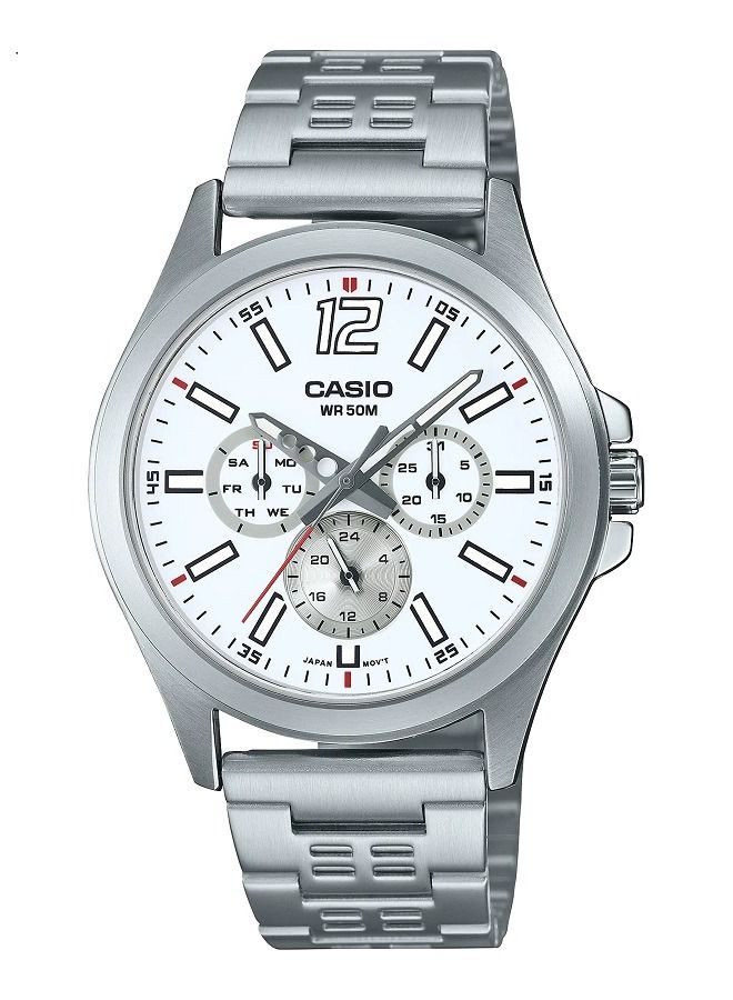 Casio Men Watch Analog Multi Hand White Dial Stainless Steel Band MTP-E350D-7BVDF - Image 1
