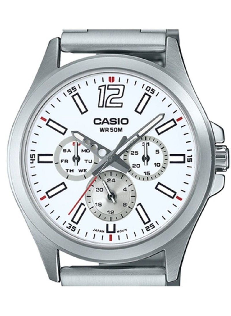 Casio Men Watch Analog Multi Hand White Dial Stainless Steel Band MTP-E350D-7BVDF - Image 2