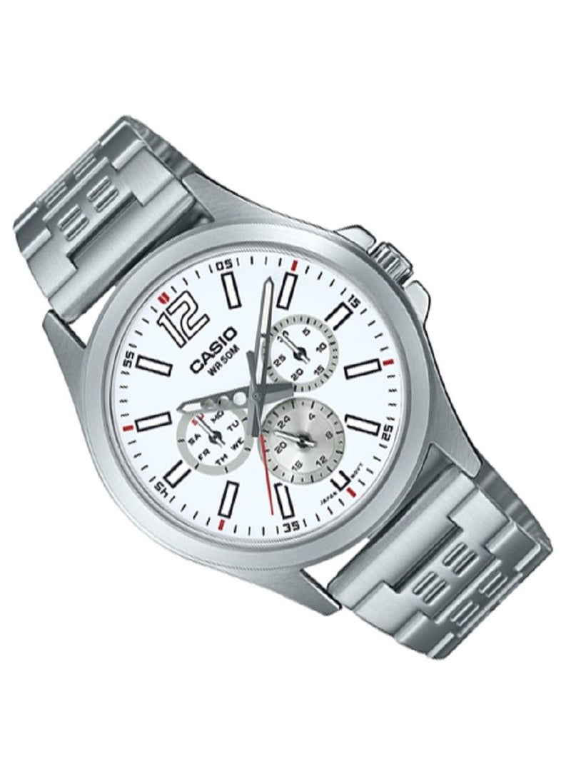 Casio Men Watch Analog Multi Hand White Dial Stainless Steel Band MTP-E350D-7BVDF - Image 3